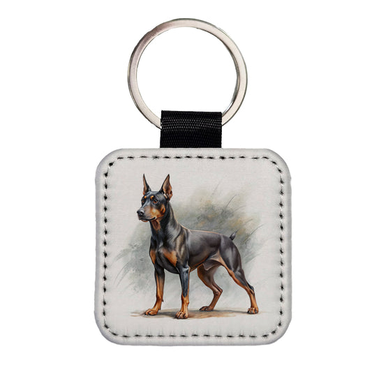 German Pinscher Dog Illustration Square Faux Leather Keychain