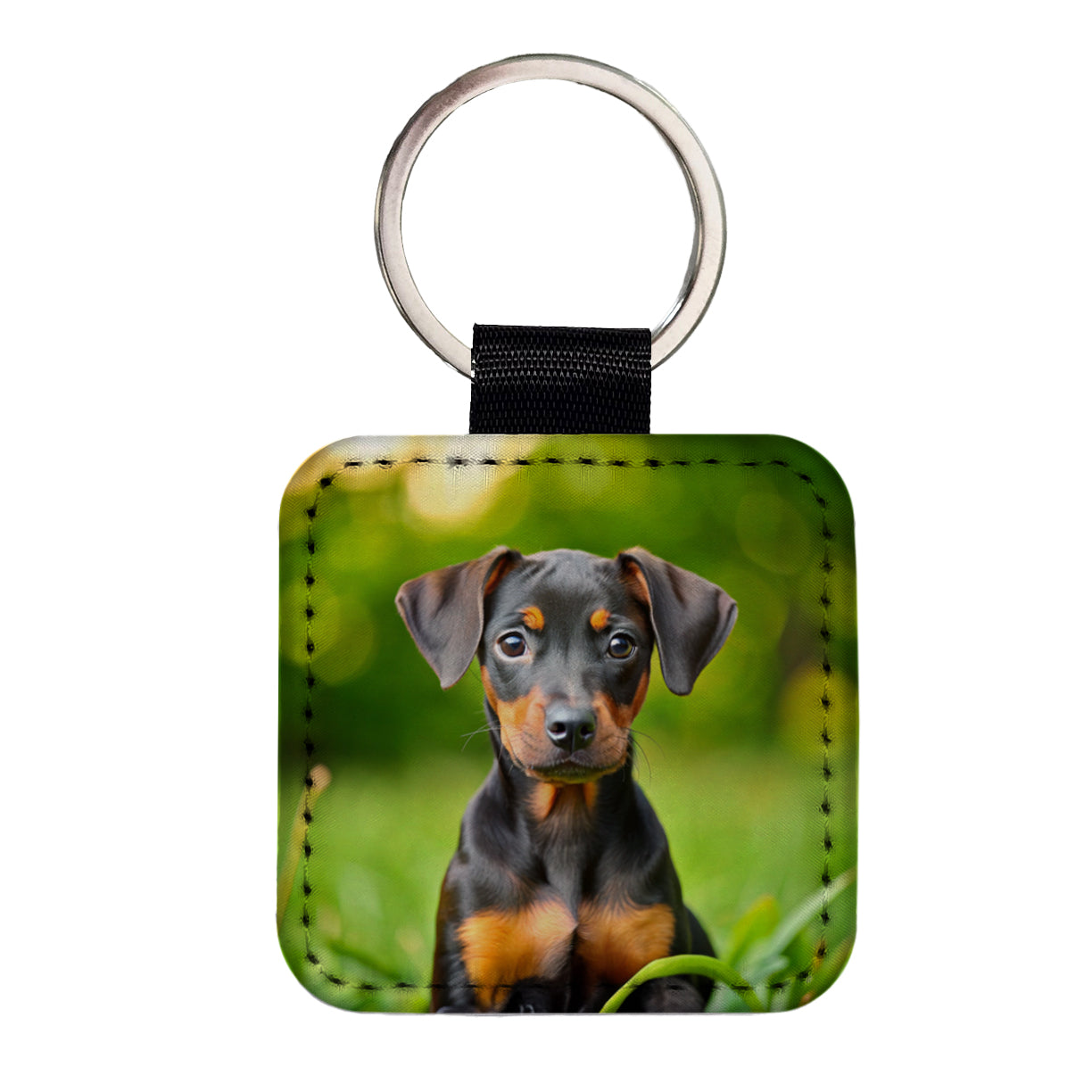 German Pinscher Dog Puppy Photo Square Faux Leather Keychain