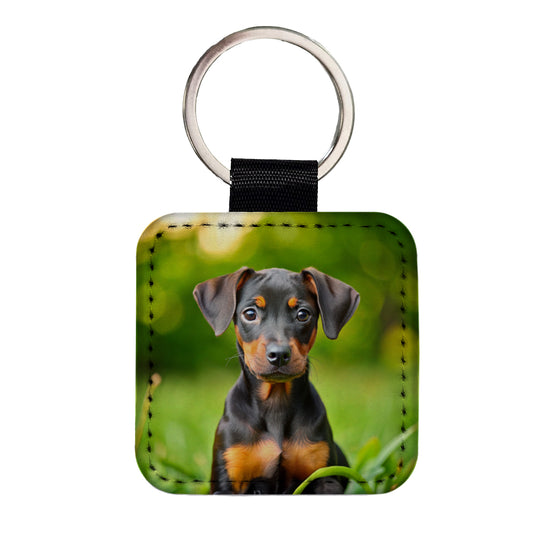 German Pinscher Dog Puppy Photo Square Faux Leather Keychain