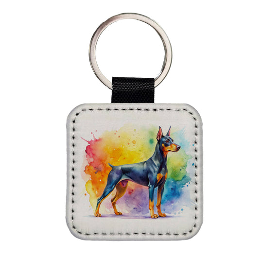 German Pinscher Dog Watercolor Style Square Faux Leather Keychain