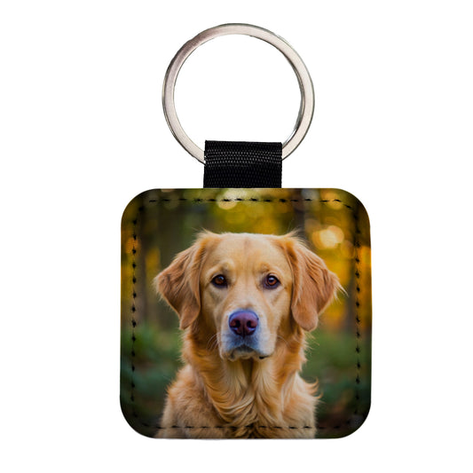 Goldador Dog Photo Square Faux Leather Keychain
