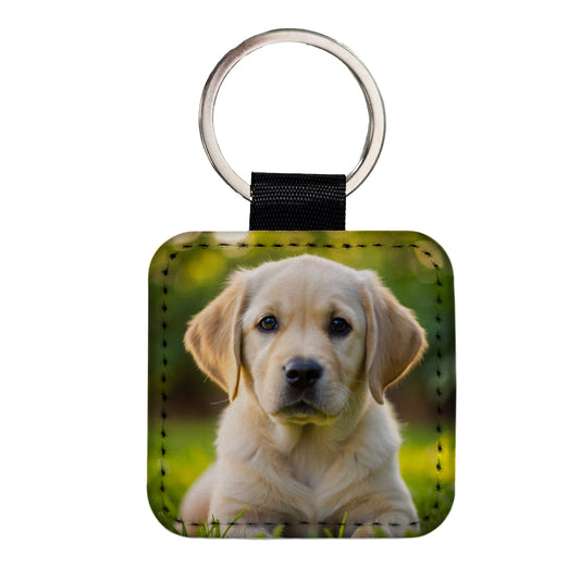 Goldador Dog Puppy Photo Square Faux Leather Keychain