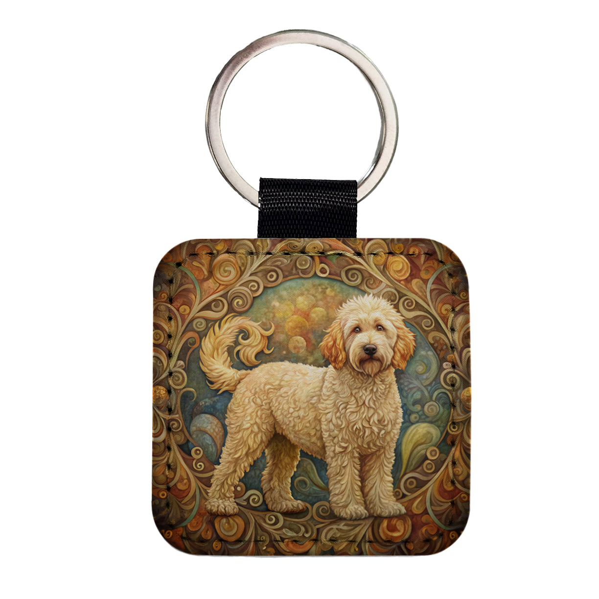 Goldendoodle Dog Art Nouveau Square Faux Leather Keychain