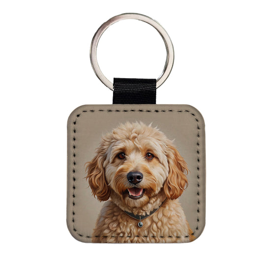 Goldendoodle Dog Illustration Square Faux Leather Keychain