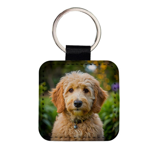 Goldendoodle Dog Photo Square Faux Leather Keychain