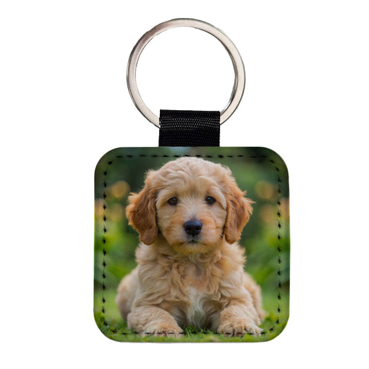 Goldendoodle Dog Puppy Photo Square Faux Leather Keychain