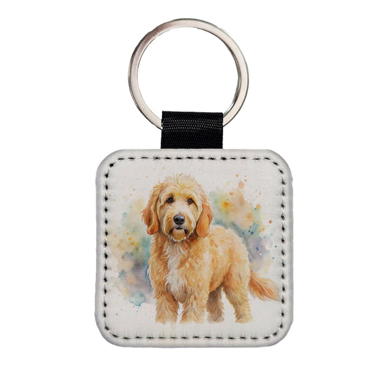 Goldendoodle Dog Watercolor Style Square Faux Leather Keychain