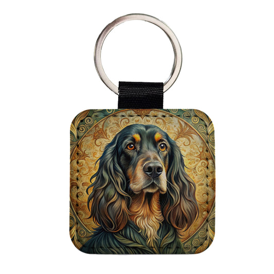 Gordon Setter Dog Art Nouveau Square Faux Leather Keychain