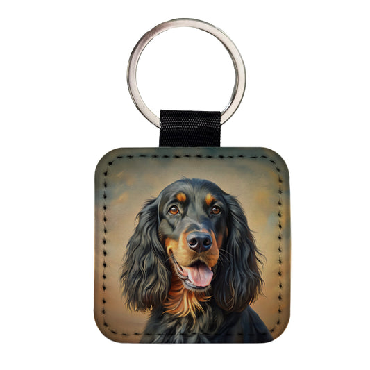 Gordon Setter Dog Illustration Square Faux Leather Keychain
