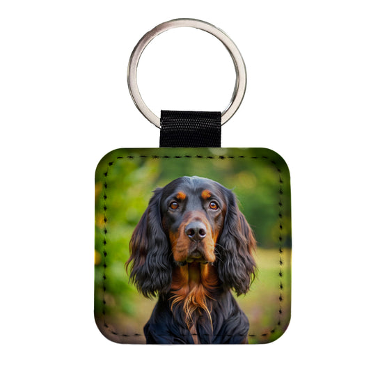 Gordon Setter Dog Photo Square Faux Leather Keychain