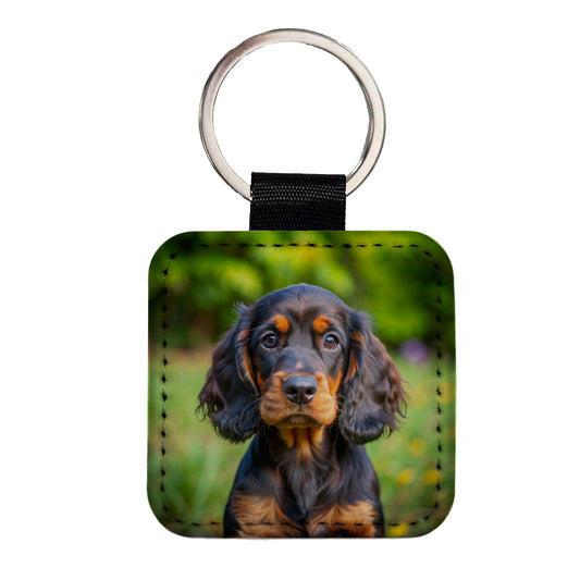 Gordon Setter Dog Puppy Photo Square Faux Leather Keychain