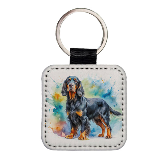 Gordon Setter Dog Watercolor Style Square Faux Leather Keychain