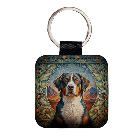 Greater Swiss Mountain Dog Art Nouveau Square Faux Leather Keychain