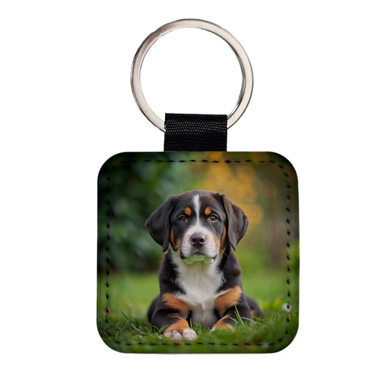 Greater Swiss Mountain Dog Puppy Photo Square Faux Leather Keychain