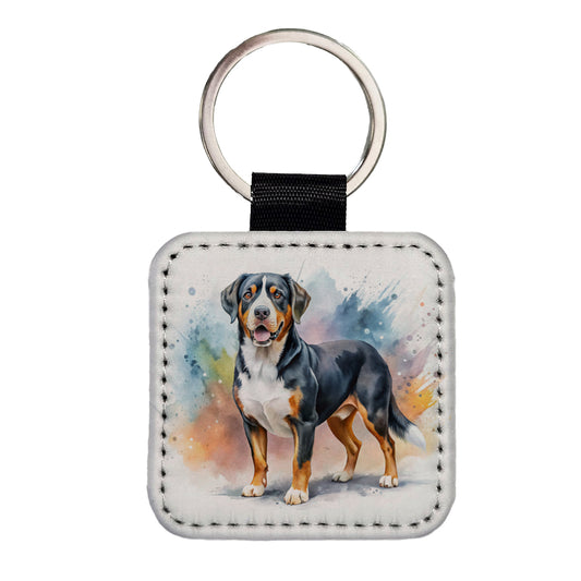 Greater Swiss Mountain Dog Watercolor Style Square Faux Leather Keychain