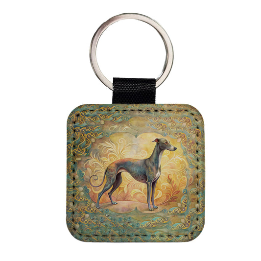 Greyhound Dog Art Nouveau Square Faux Leather Keychain