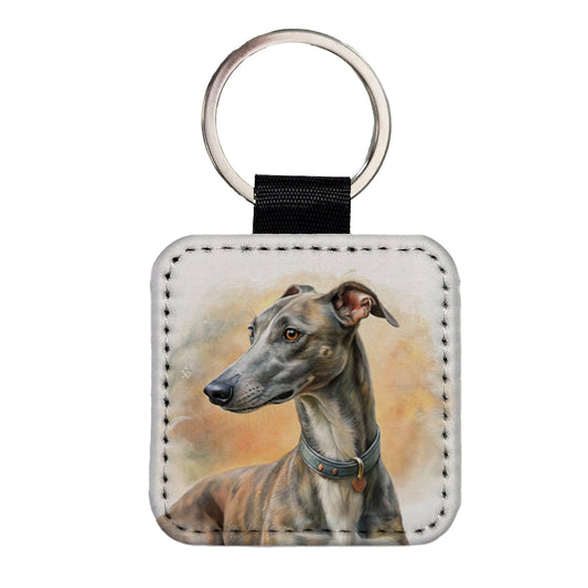 Greyhound Dog Illustration Square Faux Leather Keychain