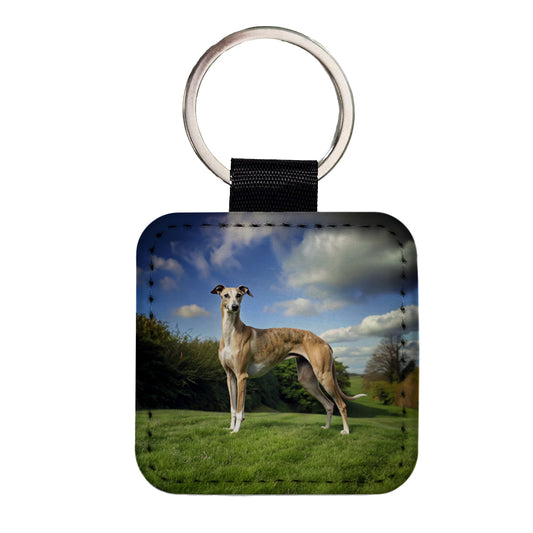 Greyhound Dog Photo Square Faux Leather Keychain