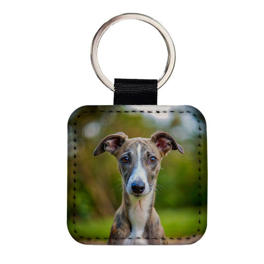 Greyhound Dog Puppy Photo Square Faux Leather Keychain