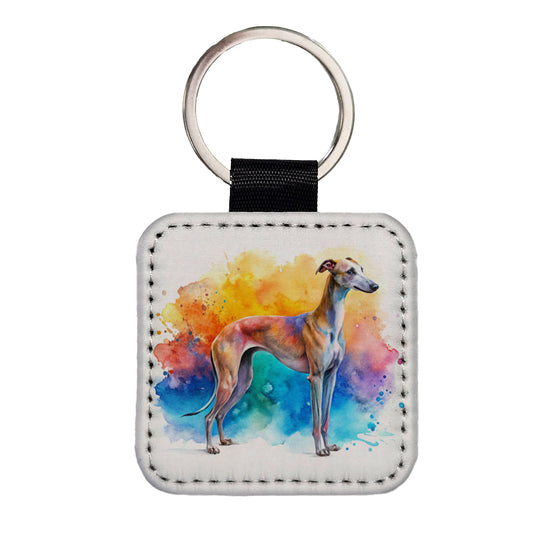 Greyhound Dog Watercolor Style Square Faux Leather Keychain