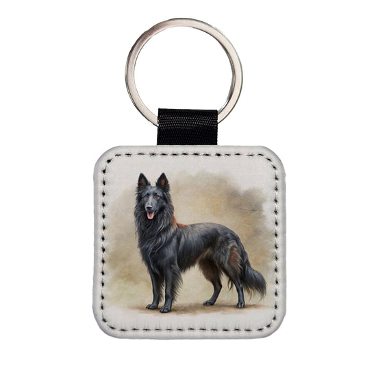 Groenendael Belgian Sheepdog Dog Illustration Square Faux Leather Keychain