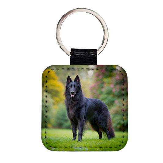 Groenendael Belgian Sheepdog Dog Photo Square Faux Leather Keychain