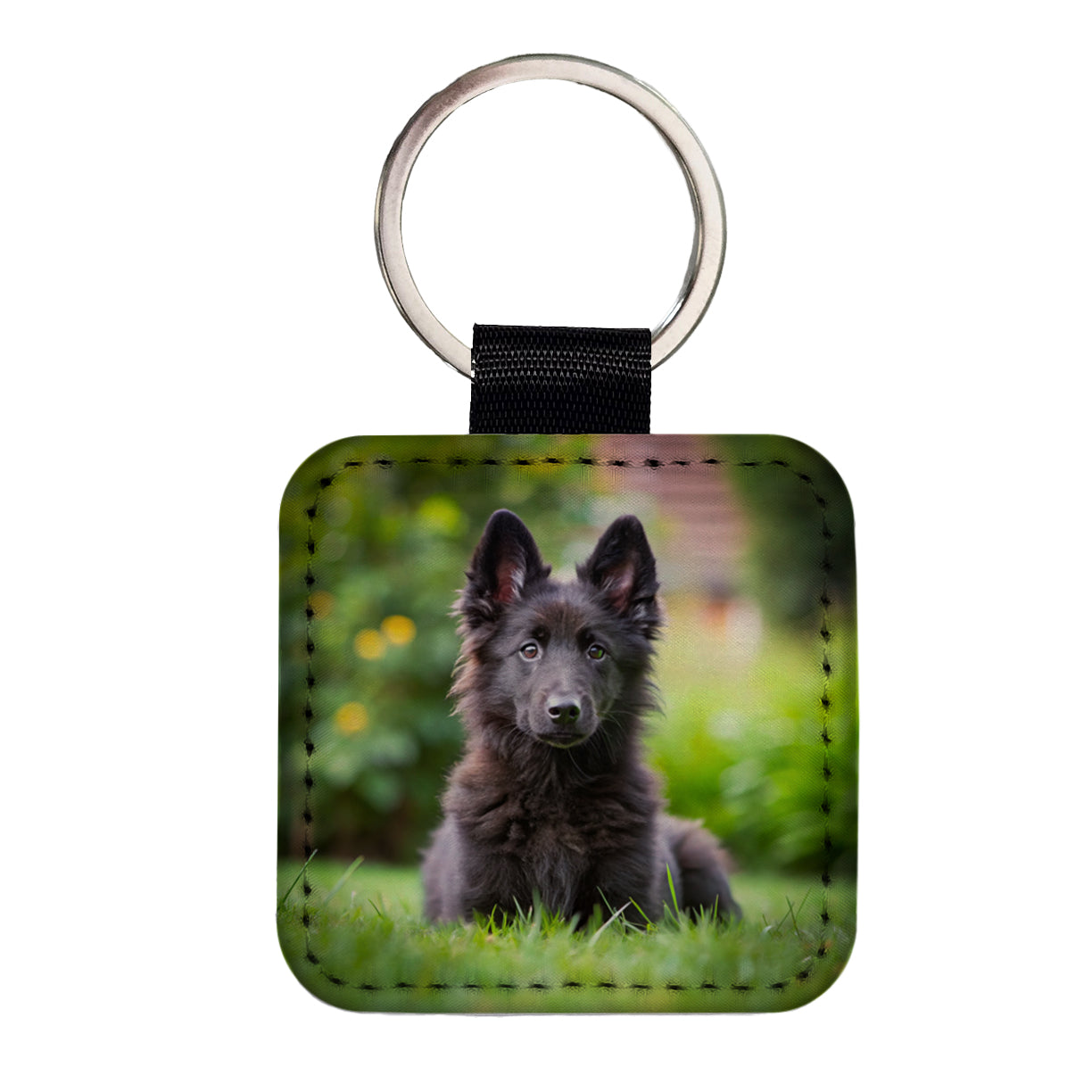Groenendael Belgian Sheepdog Dog Puppy Photo Square Faux Leather Keychain