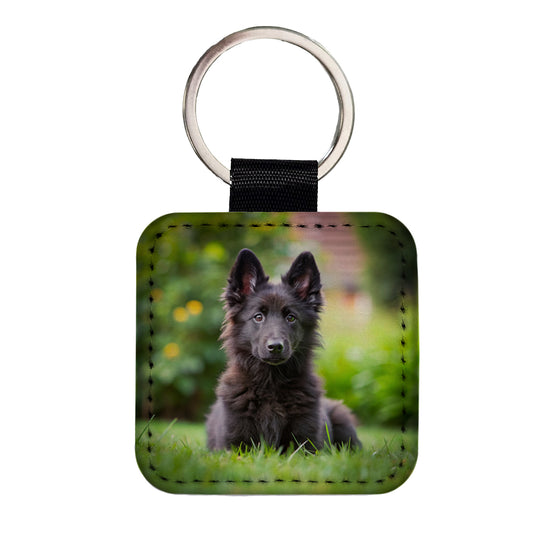 Groenendael Belgian Sheepdog Dog Puppy Photo Square Faux Leather Keychain