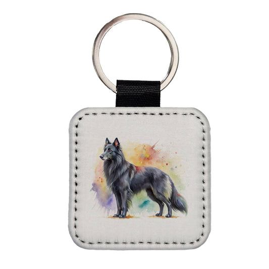 Groenendael Belgian Sheepdog Dog Watercolor Style Square Faux Leather Keychain