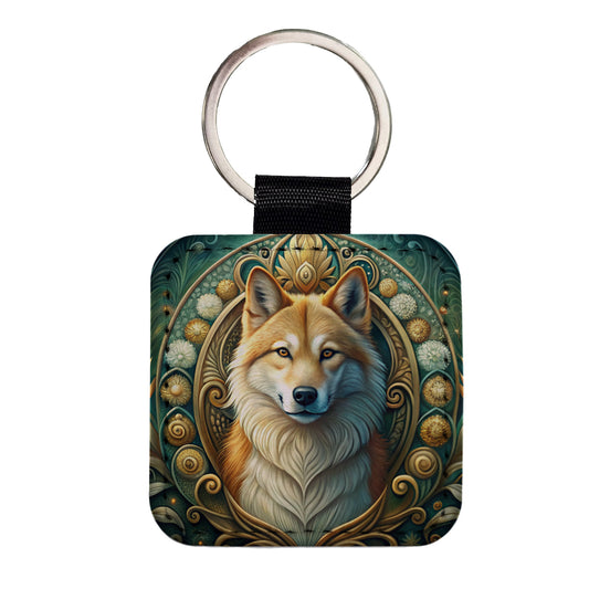 Icelandic Sheepdog Dog Art Nouveau Square Faux Leather Keychain