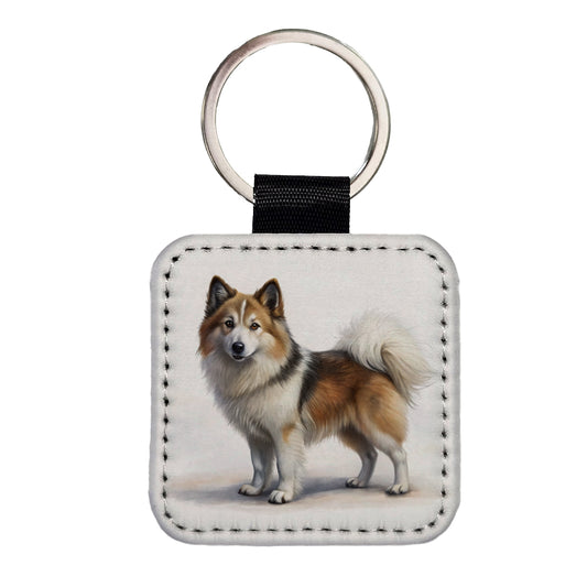 Icelandic Sheepdog Dog Illustration Square Faux Leather Keychain