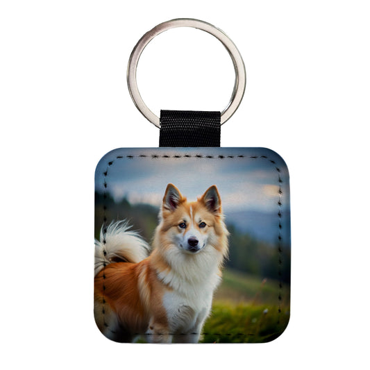Icelandic Sheepdog Dog Photo Square Faux Leather Keychain