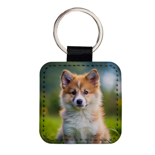Icelandic Sheepdog Dog Puppy Photo Square Faux Leather Keychain