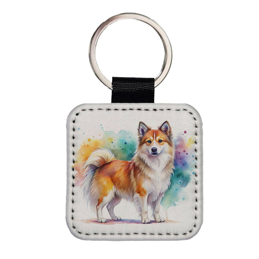 Icelandic Sheepdog Dog Watercolor Style Square Faux Leather Keychain