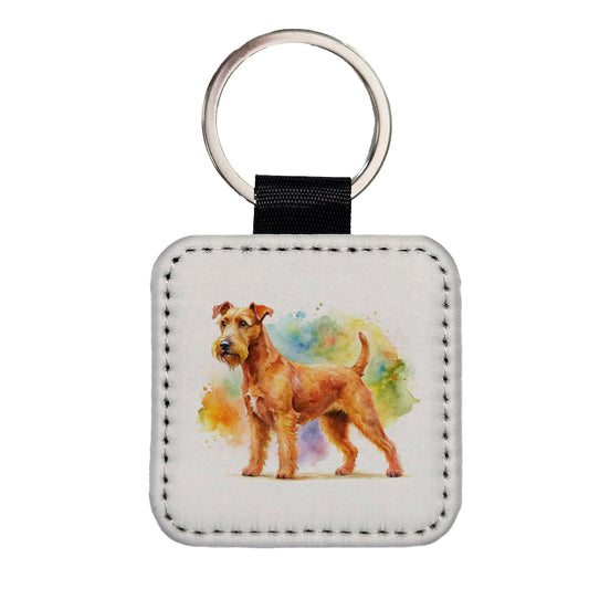Irish Terrier Dog Watercolor Style Square Faux Leather Keychain