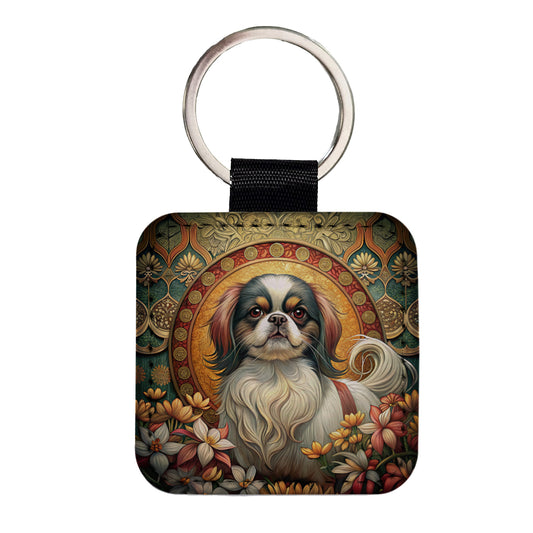 Japanese Chin Dog Art Nouveau Square Faux Leather Keychain