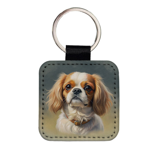 Japanese Chin Dog Illustration Square Faux Leather Keychain