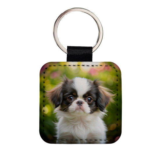 Japanese Chin Dog Puppy Photo Square Faux Leather Keychain