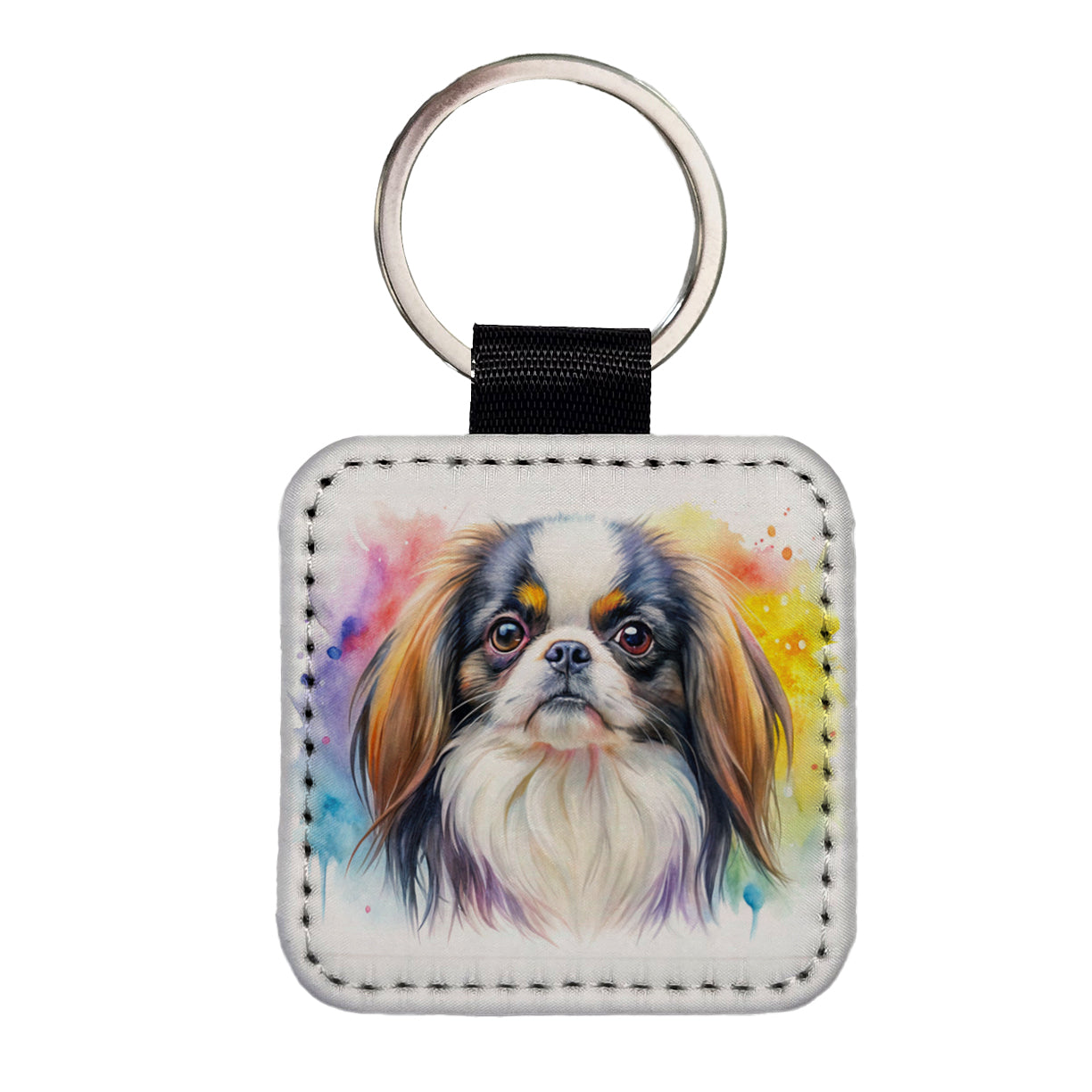 Japanese Chin Dog Watercolor Style Square Faux Leather Keychain