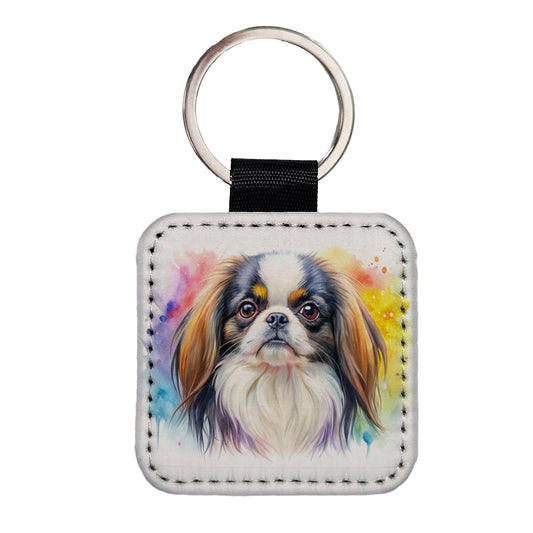 Japanese Chin Dog Watercolor Style Square Faux Leather Keychain