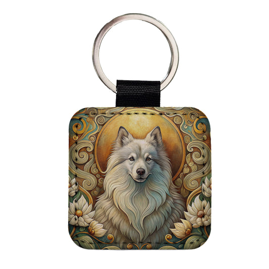 Keeshond Dog Art Nouveau Square Faux Leather Keychain