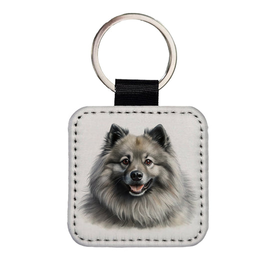 Keeshond Dog Illustration Square Faux Leather Keychain