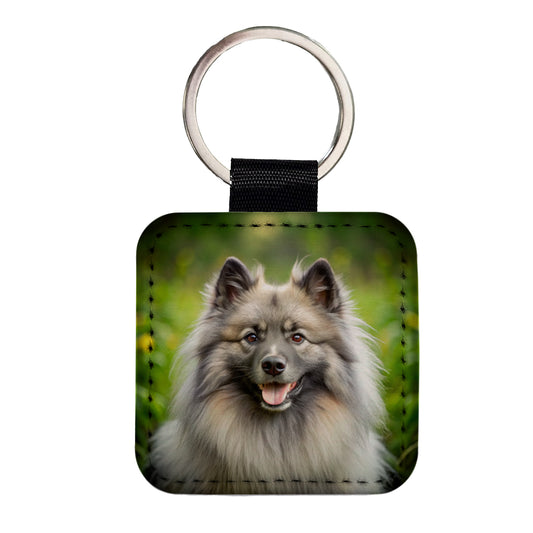 Keeshond Dog Photo Square Faux Leather Keychain