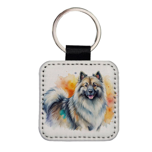 Keeshond Dog Watercolor Style Square Faux Leather Keychain