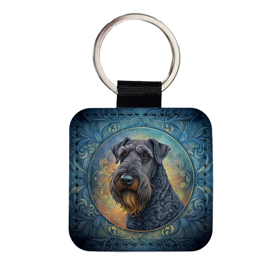 Kerry Blue Terrier Dog Art Nouveau Square Faux Leather Keychain