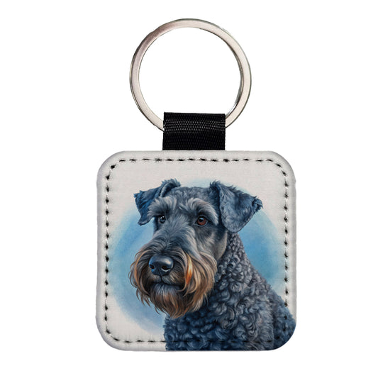 Kerry Blue Terrier Dog Illustration Square Faux Leather Keychain