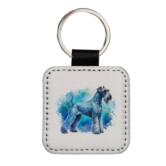 Kerry Blue Terrier Dog Watercolor Style Square Faux Leather Keychain