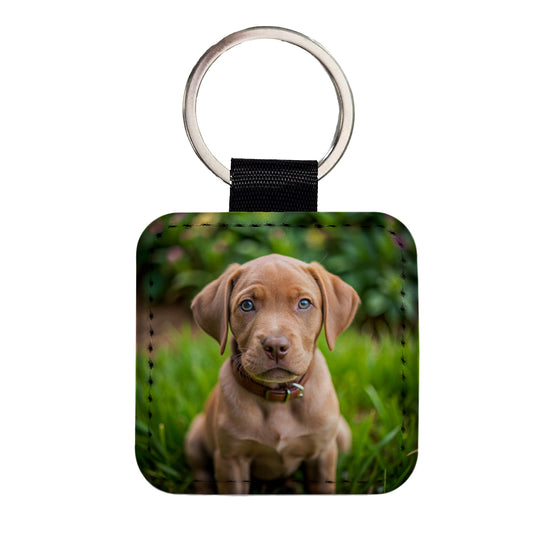 Labrabull Dog Puppy Photo Square Faux Leather Keychain