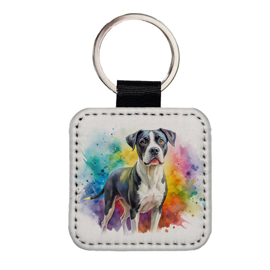 Labrabull Dog Watercolor Style Square Faux Leather Keychain