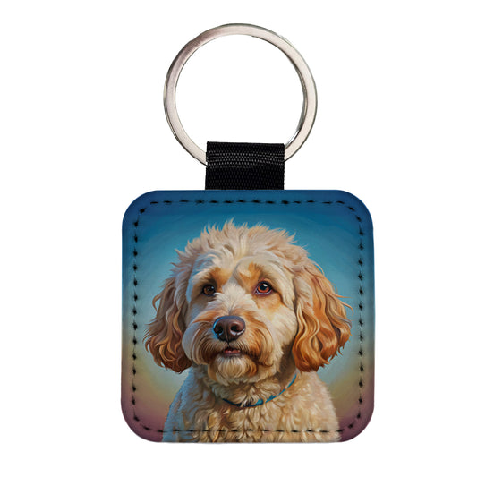 Labradoodle Dog Illustration Square Faux Leather Keychain